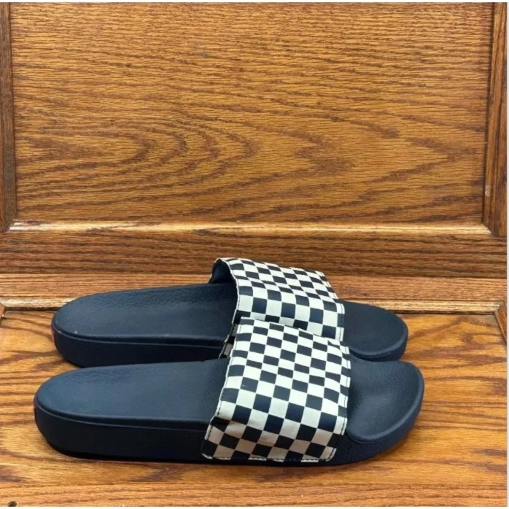 Vans La Costa Slide-On Sandals Navy Blue White Checkerboard Mens Shoes